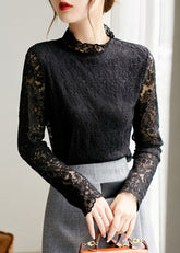 Edle Beige Aushöhlen Bestickte Spitzenbluse Tops Frühling